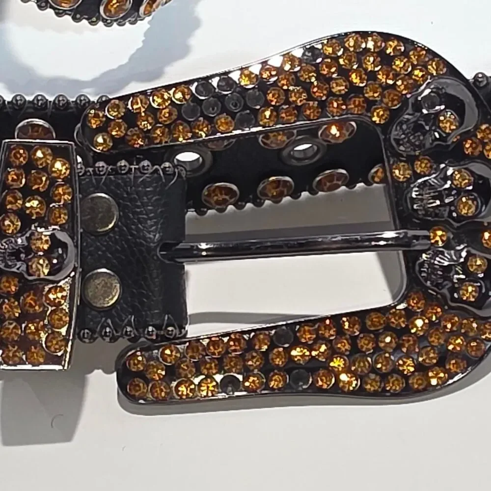 Halloween style leather belt with gold rhinestones and silver studs Women's